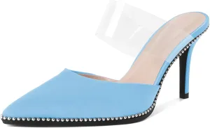 AUMOTED Women Stilettos High Heels Beaded Pumps Closed Pointed Toe Shoes Slip On 3.5 Inch Heeled Mules with PVC Official Business Shoes US Size 5-13