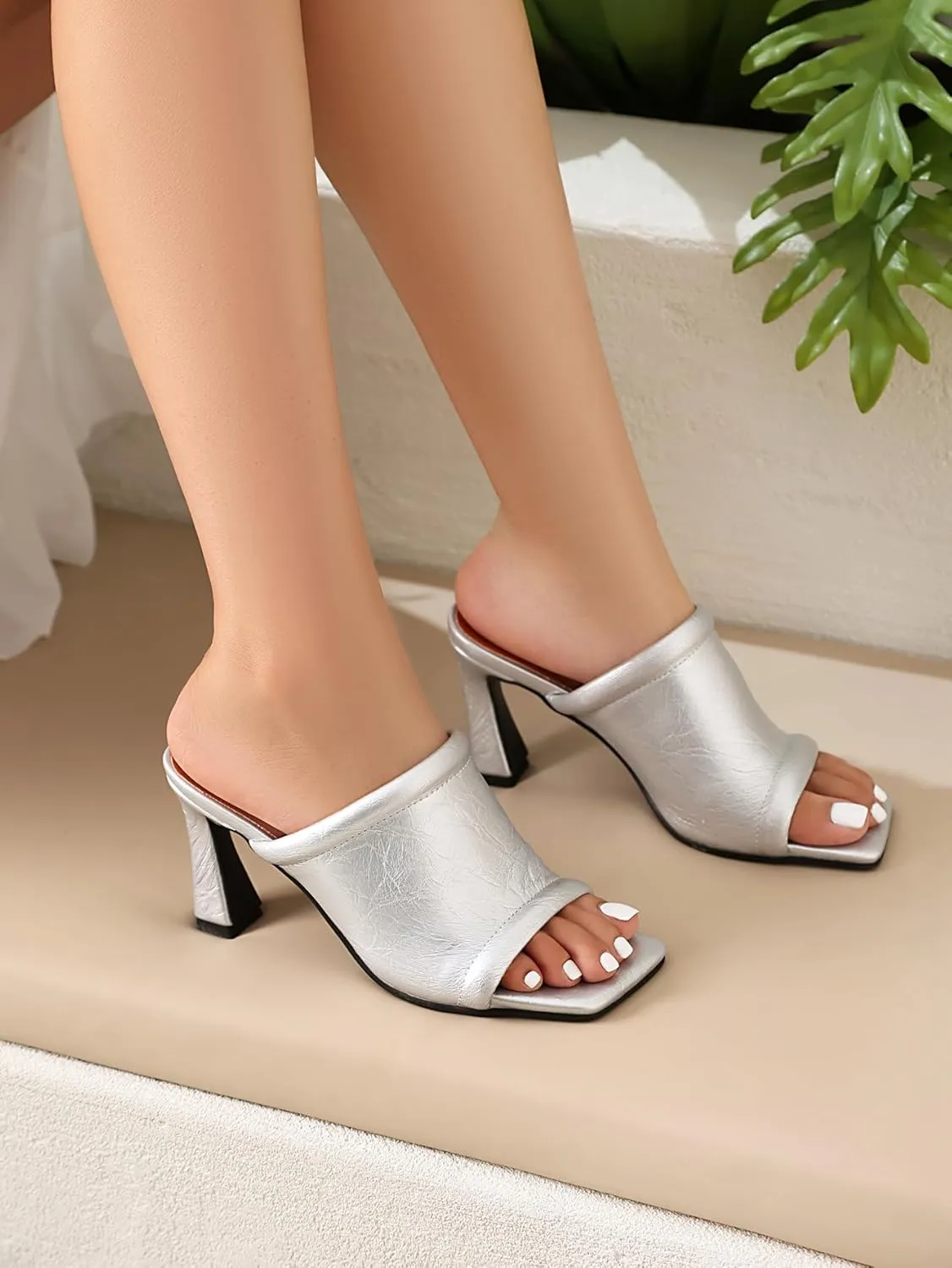 BEAUPAS Women's Square Toe Mule Sandals Block Heel Slip On High Heels