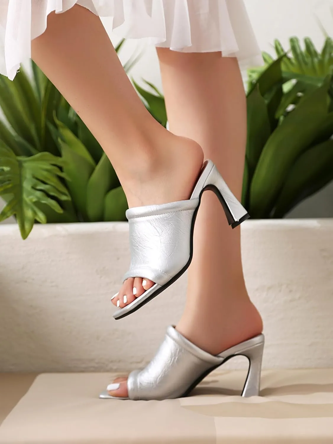 BEAUPAS Women's Square Toe Mule Sandals Block Heel Slip On High Heels