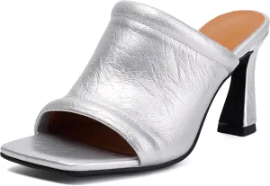 BEAUPAS Women's Square Toe Mule Sandals Block Heel Slip On High Heels