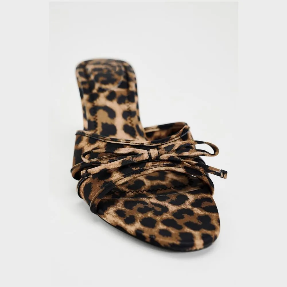 Black Kitten Heels for Women Open Round Toe Bow Mesh Mules Heels Slip on Backless Animal Print Slide Heeled Sandals Dress Party Wedding Stiletto High Heels