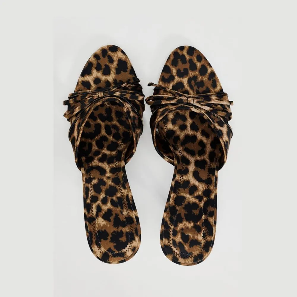 Black Kitten Heels for Women Open Round Toe Bow Mesh Mules Heels Slip on Backless Animal Print Slide Heeled Sandals Dress Party Wedding Stiletto High Heels
