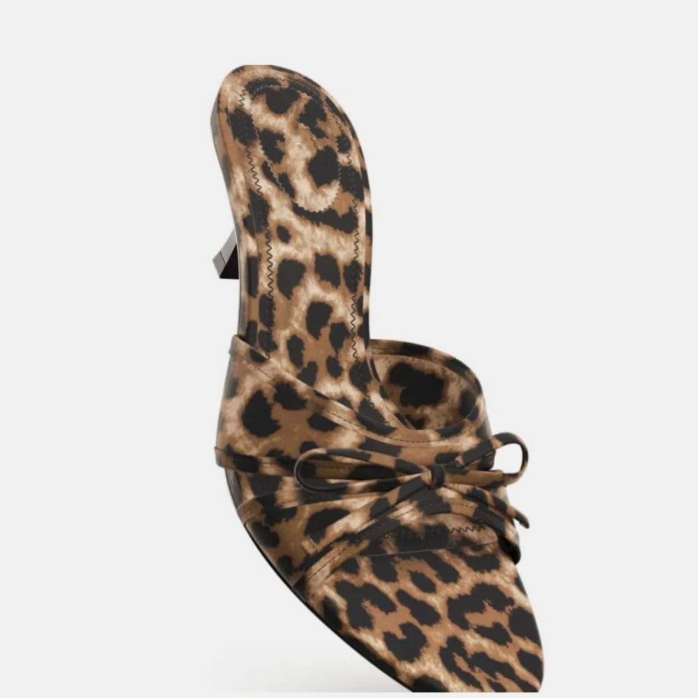 Black Kitten Heels for Women Open Round Toe Bow Mesh Mules Heels Slip on Backless Animal Print Slide Heeled Sandals Dress Party Wedding Stiletto High Heels