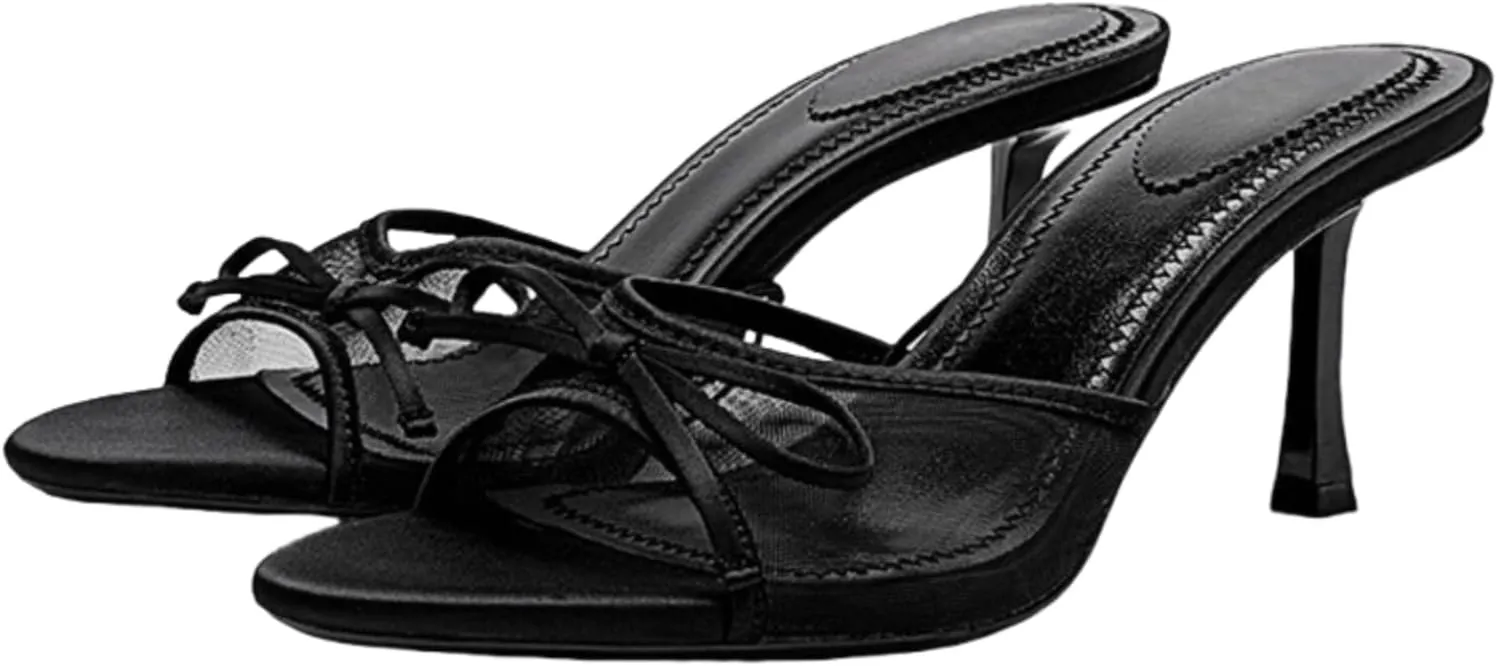 Black Kitten Heels for Women Open Round Toe Bow Mesh Mules Heels Slip on Backless Animal Print Slide Heeled Sandals Dress Party Wedding Stiletto High Heels