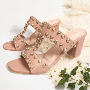 Blush Pink Studded Block Heels Sandals