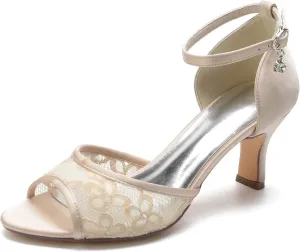 Bridal Shoes Lace Wedding Sandals for Women mid Heels Stiletto Heeled Pumps Peep Toe Formal Evening Prom Party Dress Shoes
