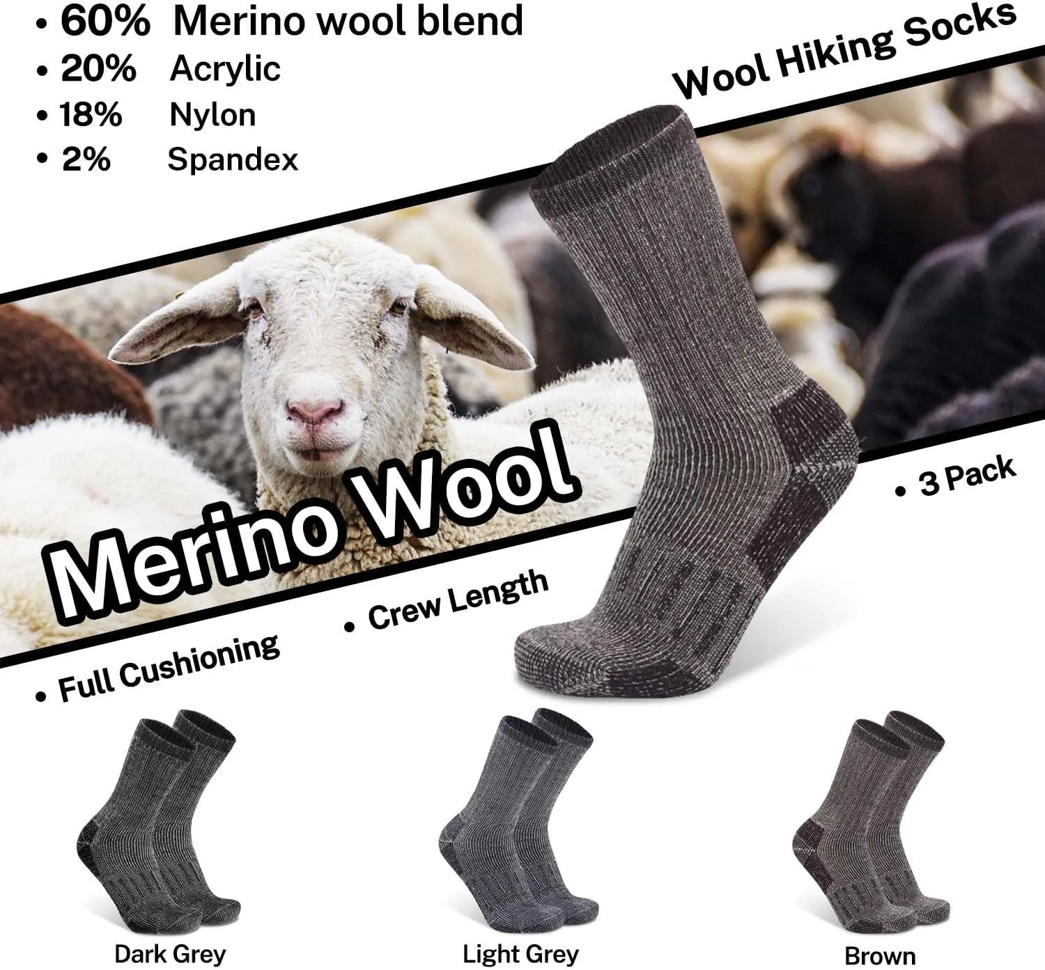 Busy Socks 3 Pack Crew Merino Wool Hiking Socks for Men Women Winter Thick Warm Thermal Cushioned Moisture Wicking Boot Sock