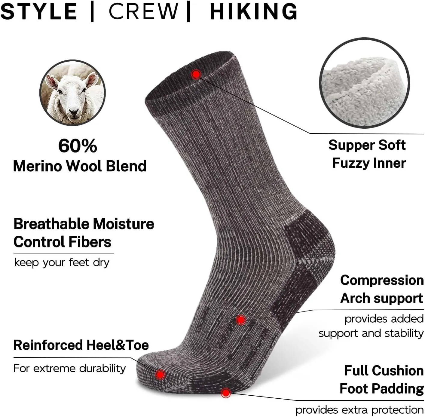 Busy Socks 3 Pack Crew Merino Wool Hiking Socks for Men Women Winter Thick Warm Thermal Cushioned Moisture Wicking Boot Sock