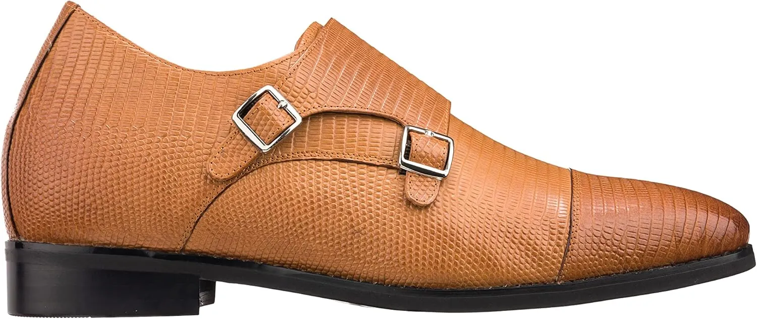 CALTO Men's Invisible Height Increasing Elevator Shoes - Brown Leather Slip-on Dual Monk Straps Formal Loafers- 2.8 Inches Taller - K3115 - Size 9 D(M) US