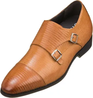 CALTO Men's Invisible Height Increasing Elevator Shoes - Brown Leather Slip-on Dual Monk Straps Formal Loafers- 2.8 Inches Taller - K3115 - Size 9 D(M) US