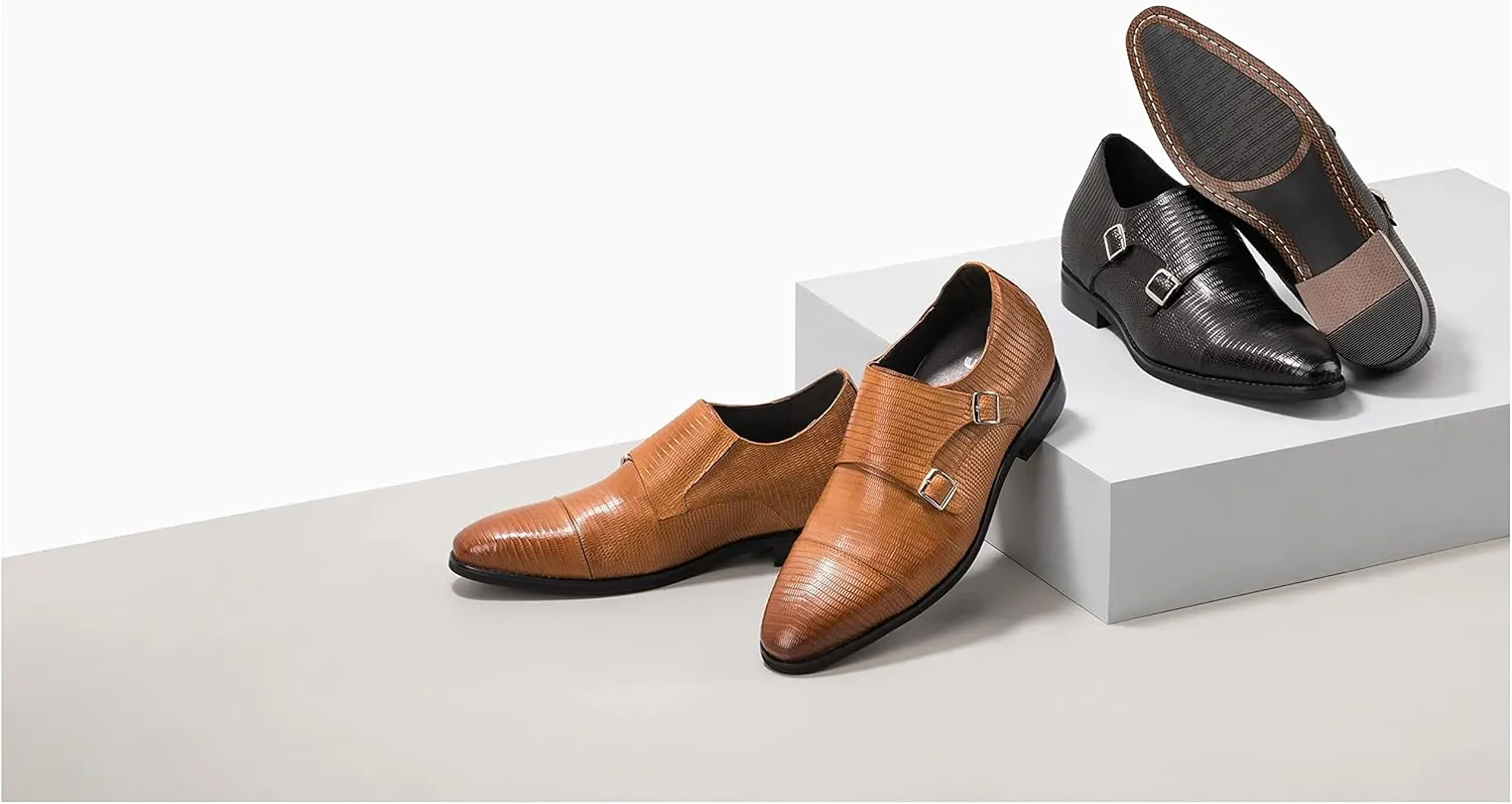 CALTO Men's Invisible Height Increasing Elevator Shoes - Brown Leather Slip-on Dual Monk Straps Formal Loafers- 2.8 Inches Taller - K3115 - Size 9 D(M) US