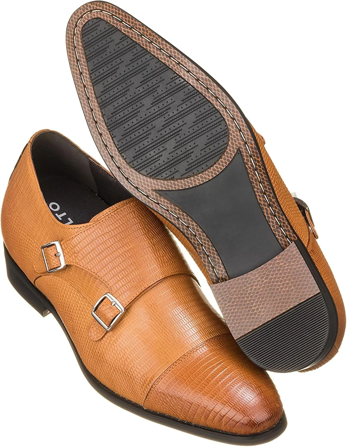 CALTO Men's Invisible Height Increasing Elevator Shoes - Brown Leather Slip-on Dual Monk Straps Formal Loafers- 2.8 Inches Taller - K3115 - Size 9 D(M) US