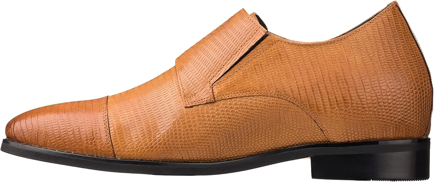 CALTO Men's Invisible Height Increasing Elevator Shoes - Brown Leather Slip-on Dual Monk Straps Formal Loafers- 2.8 Inches Taller - K3115 - Size 9 D(M) US