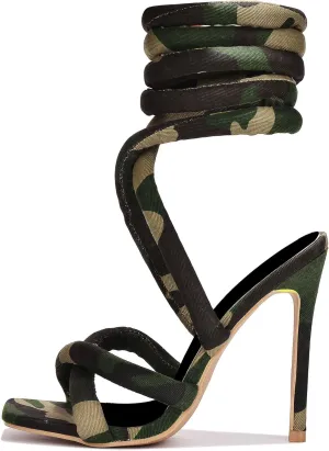 Camo Rope Lace Up Heels for Women Sexy Camo Sandals with Straps Chic Open Toe Stiletto Heel for Fashion Forward Elegance Shoes