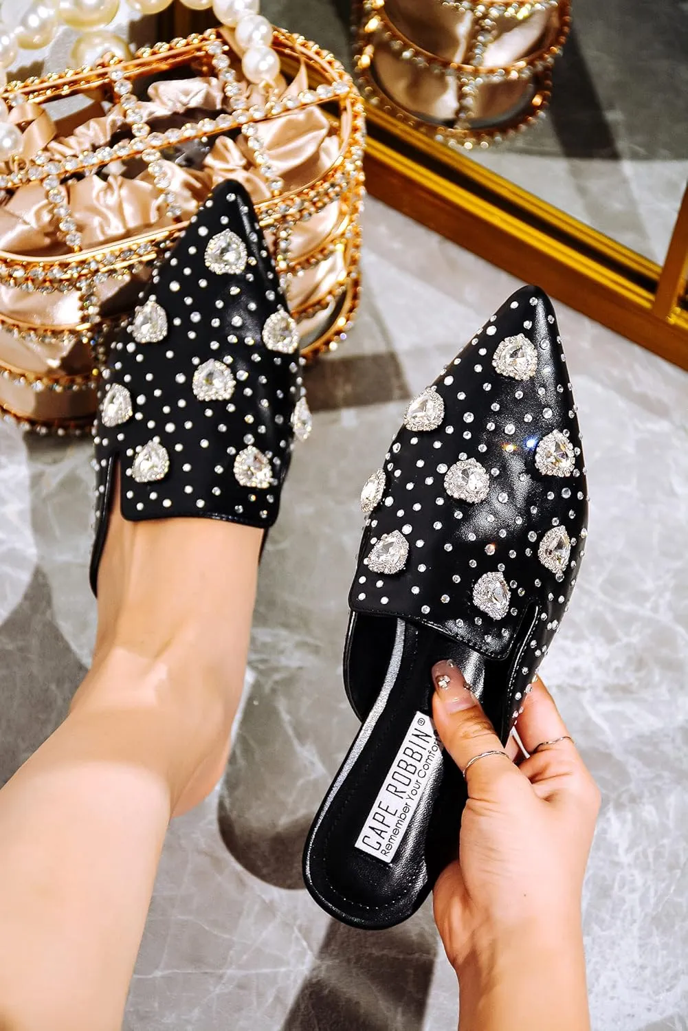 Cape Robbin Sierra Rhinestone Gem Pointy Toe Mule Flats (Sierra)