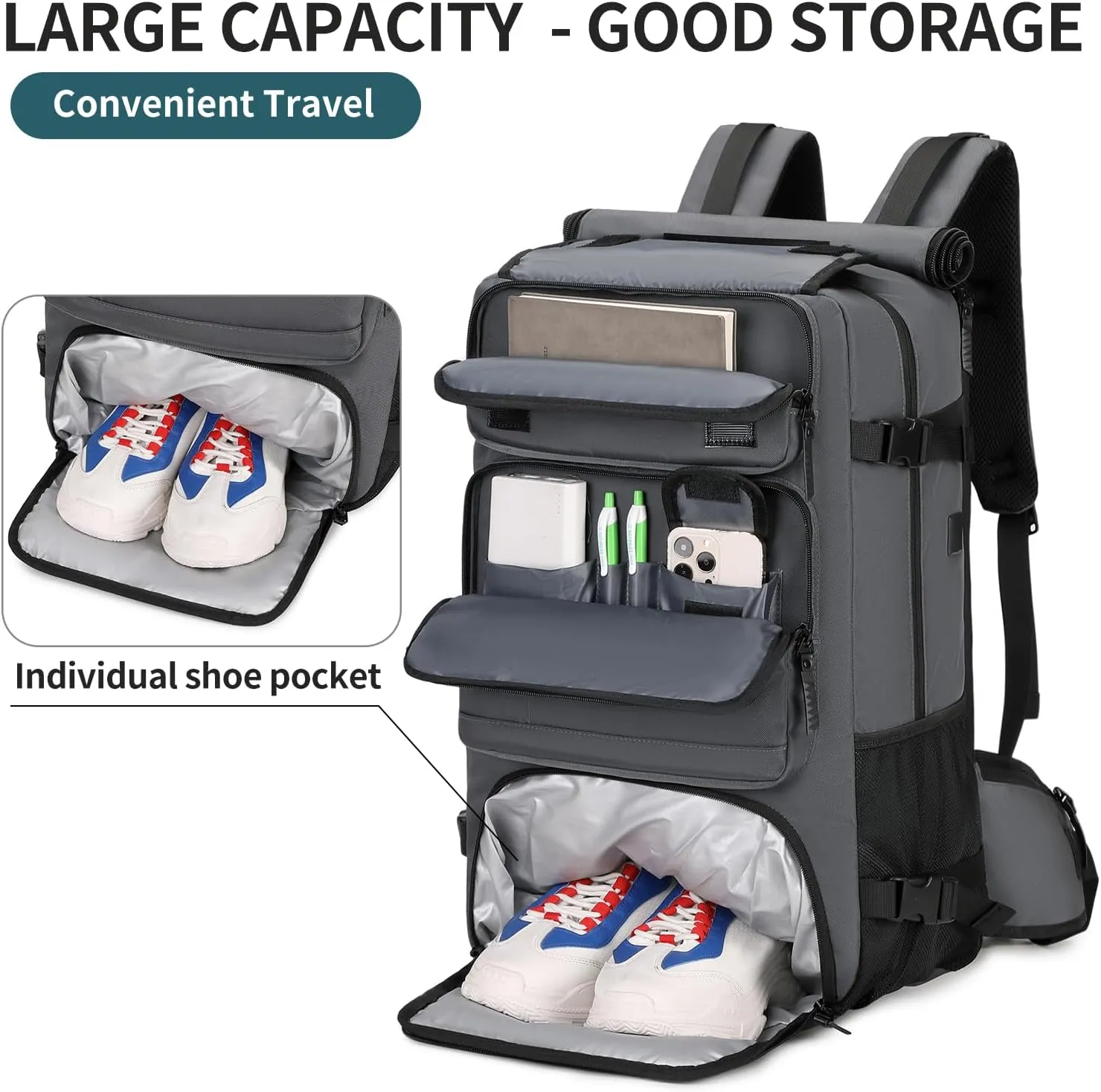 Carry on Travel Backpack for Men Airline Approved Duffle Backpack Convertible Nylon Luggage Bag Gray