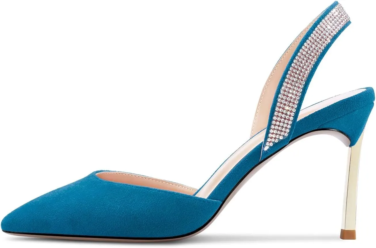 Castamere Women High Stiletto Heel Diamond Crystal Pointed Toe Pumps Slingback Slip-on Suede 8.5 CM Shoes