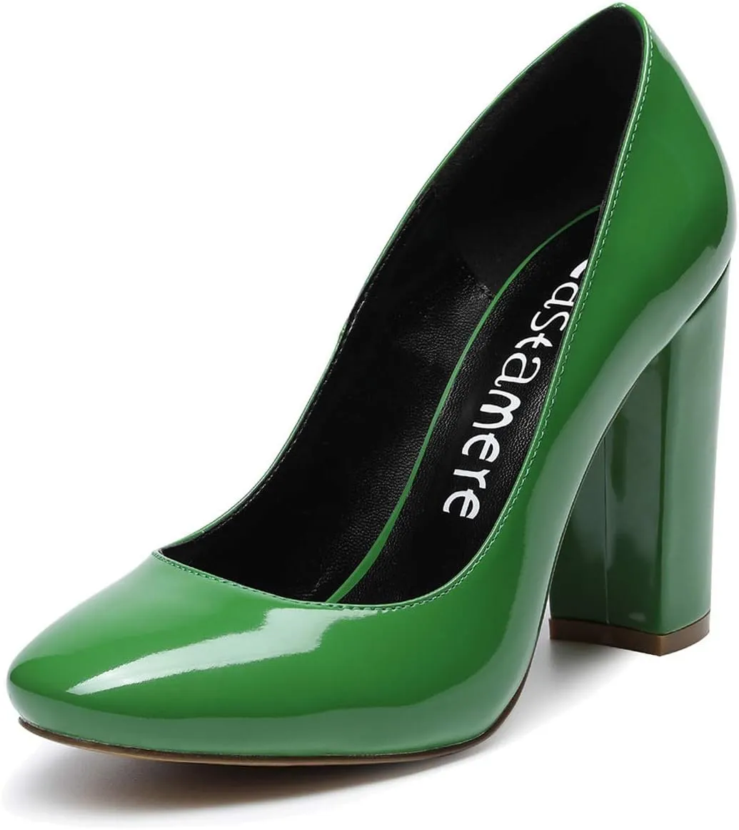 Castamere Women's High Block Heel Pumps Slip On Classic Round Toe Heels Wedding Party Dress Office Shoes 10CM
