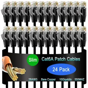 Cat6a Slim Ethernet Patch Cable 3 ft (24 Pack), Cat6a for Data Centers & Home/Enterprise Networks - Black