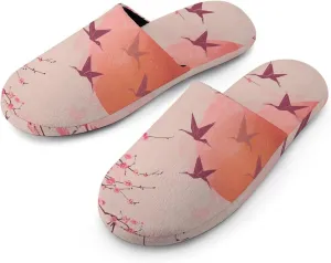 Cherry Blossom Tree Flying Cranes Japanese Warm Mens Slippers Winter Slip On Breathable Lightweight House Shoes Washable Indoor