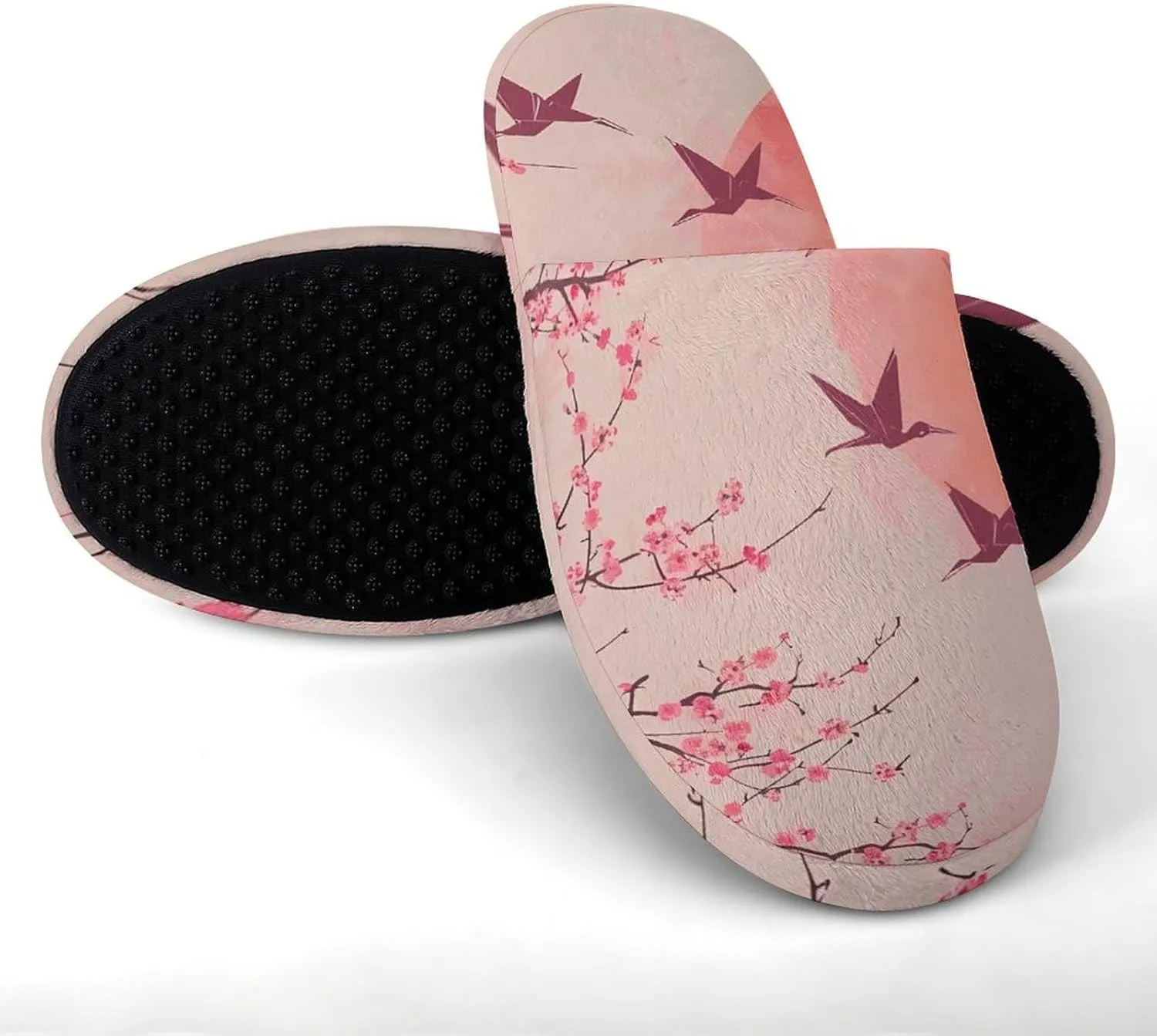 Cherry Blossom Tree Flying Cranes Japanese Warm Mens Slippers Winter Slip On Breathable Lightweight House Shoes Washable Indoor