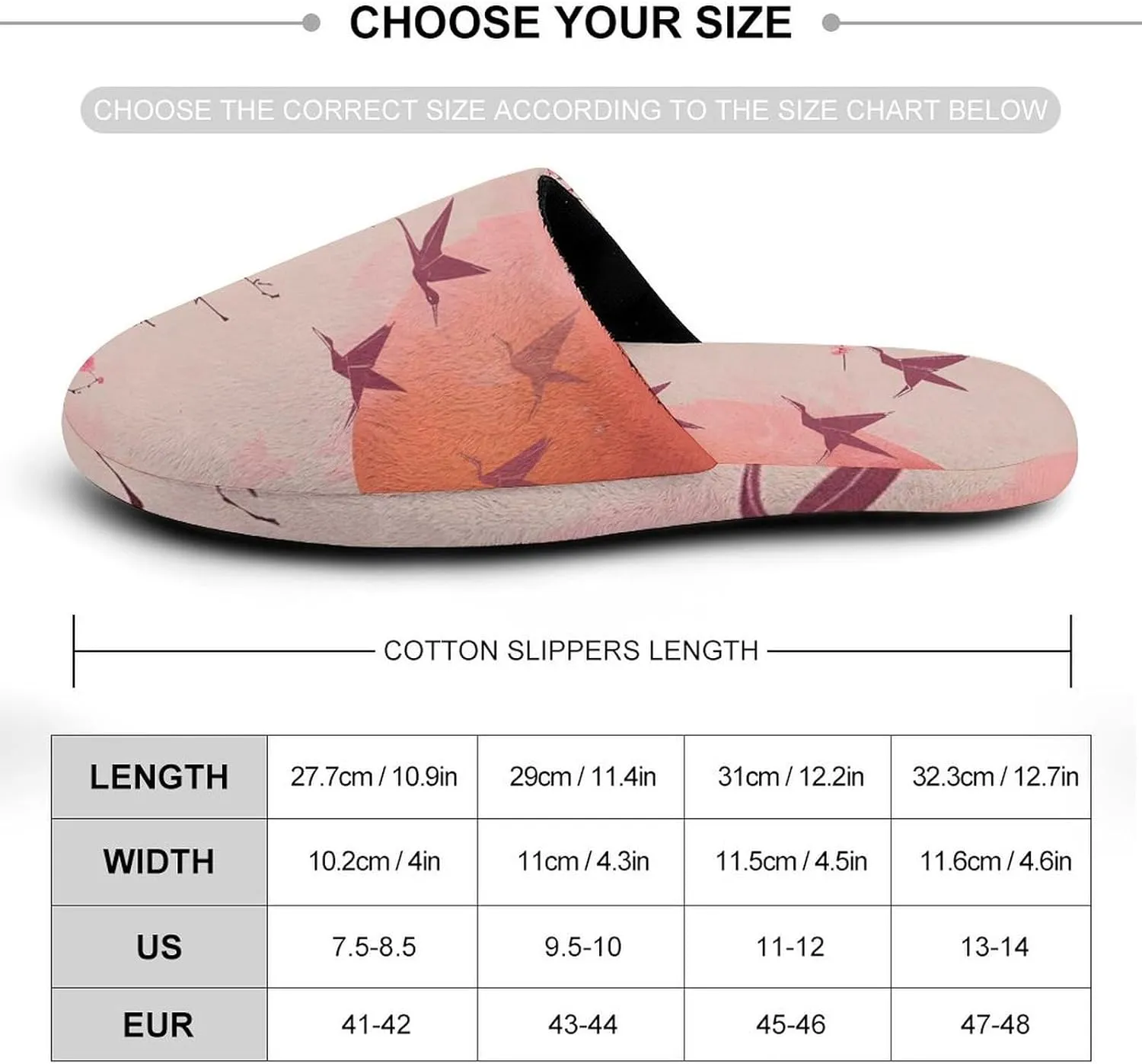 Cherry Blossom Tree Flying Cranes Japanese Warm Mens Slippers Winter Slip On Breathable Lightweight House Shoes Washable Indoor