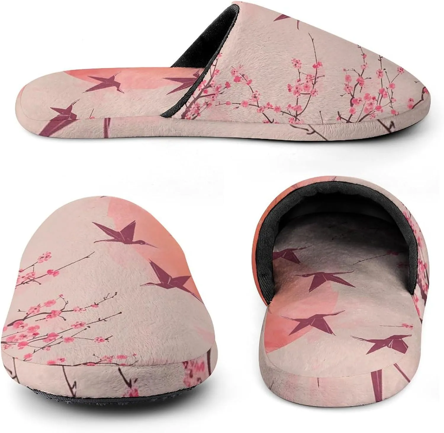 Cherry Blossom Tree Flying Cranes Japanese Warm Mens Slippers Winter Slip On Breathable Lightweight House Shoes Washable Indoor