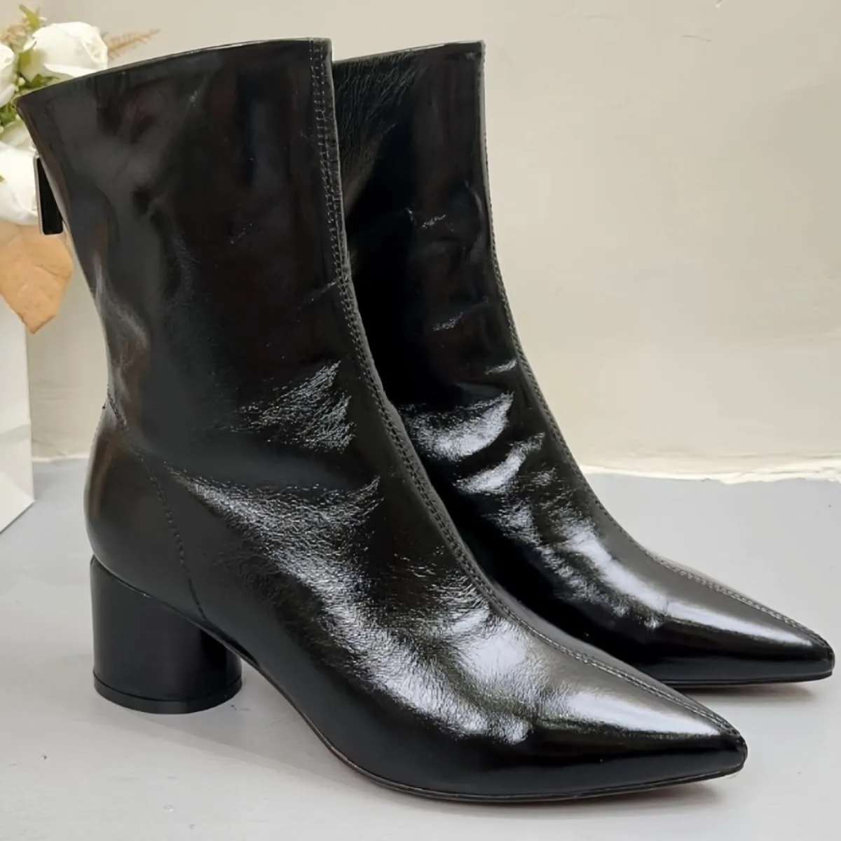 Chic Ankle Boots for Women Waxed Buffalo Leather Slim Fit Short Boot with Side Zipper Chunky Block Heel & Pointed Toe