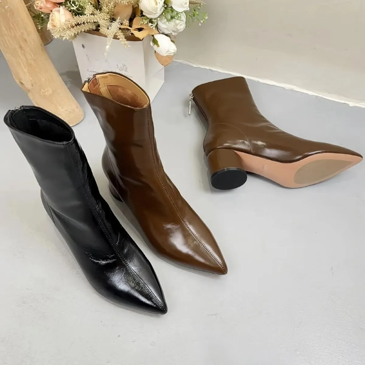 Chic Ankle Boots for Women Waxed Buffalo Leather Slim Fit Short Boot with Side Zipper Chunky Block Heel & Pointed Toe