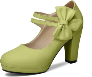 Chic Women Bow Block High Heel Mary Janes Ankle Strap Pumps Sweet Shoes Closed Toe Comfort Dress Party Pumps with Hook Loop