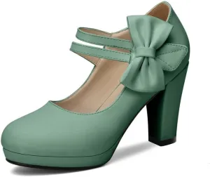 Chic Women Bow Block High Heel Mary Janes Ankle Strap Pumps Sweet Shoes Closed Toe Comfort Dress Party Pumps with Hook Loop