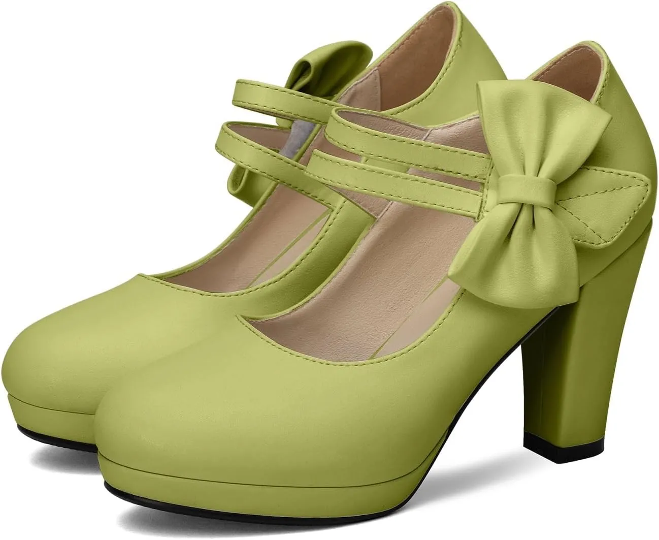Chic Women Bow Block High Heel Mary Janes Ankle Strap Pumps Sweet Shoes Closed Toe Comfort Dress Party Pumps with Hook Loop