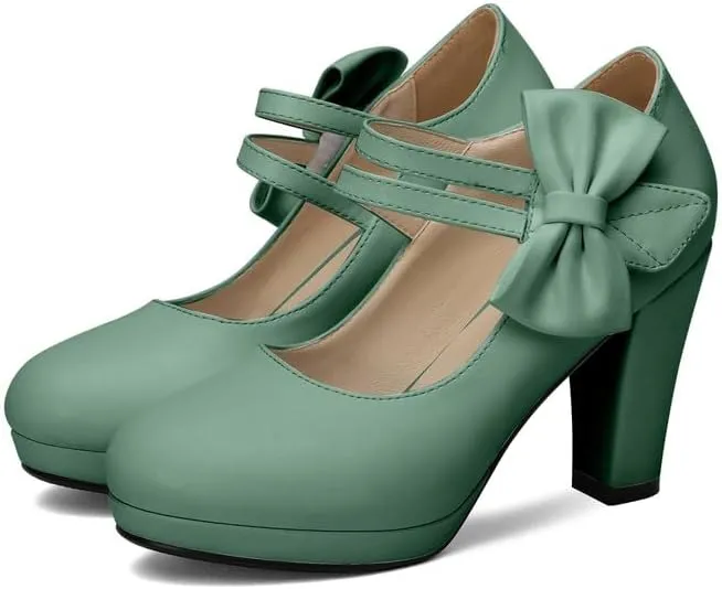 Chic Women Bow Block High Heel Mary Janes Ankle Strap Pumps Sweet Shoes Closed Toe Comfort Dress Party Pumps with Hook Loop