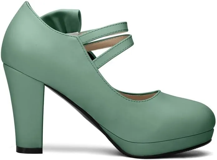 Chic Women Bow Block High Heel Mary Janes Ankle Strap Pumps Sweet Shoes Closed Toe Comfort Dress Party Pumps with Hook Loop