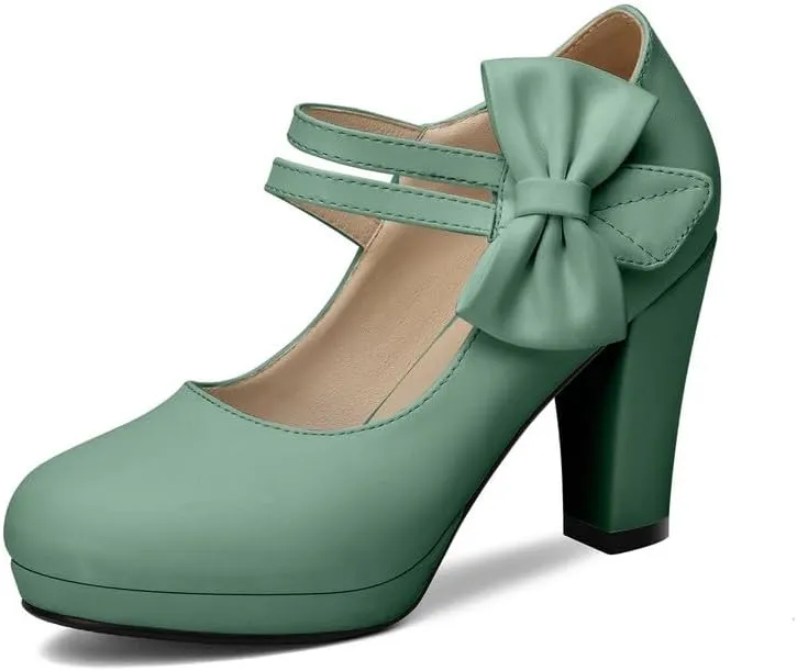 Chic Women Bow Block High Heel Mary Janes Ankle Strap Pumps Sweet Shoes Closed Toe Comfort Dress Party Pumps with Hook Loop