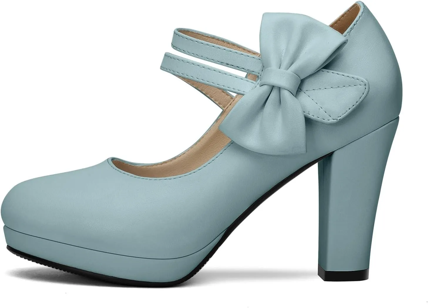 Chic Women Bow Block High Heel Mary Janes Ankle Strap Pumps Sweet Shoes Closed Toe Comfort Dress Party Pumps with Hook Loop