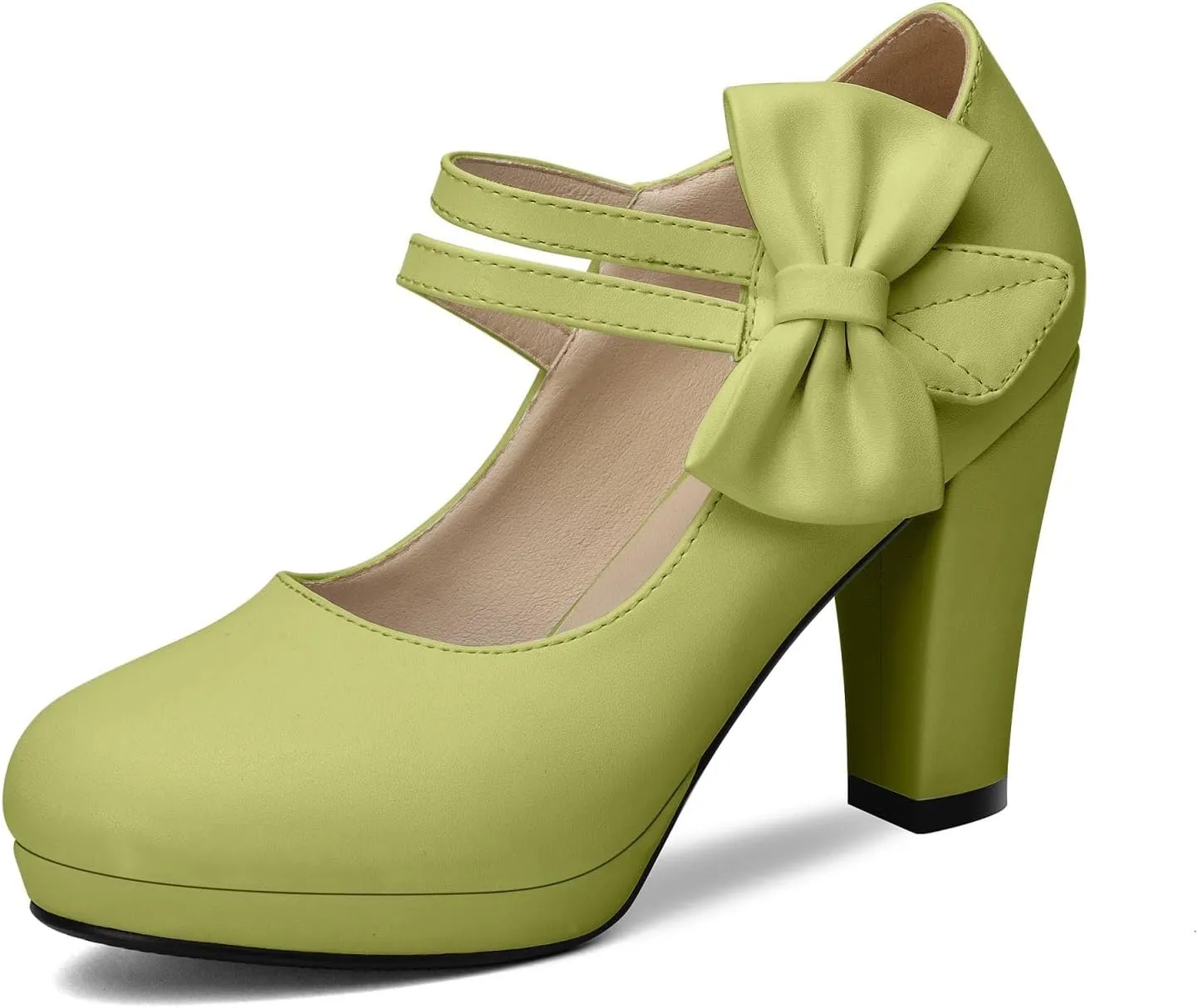 Chic Women Bow Block High Heel Mary Janes Ankle Strap Pumps Sweet Shoes Closed Toe Comfort Dress Party Pumps with Hook Loop