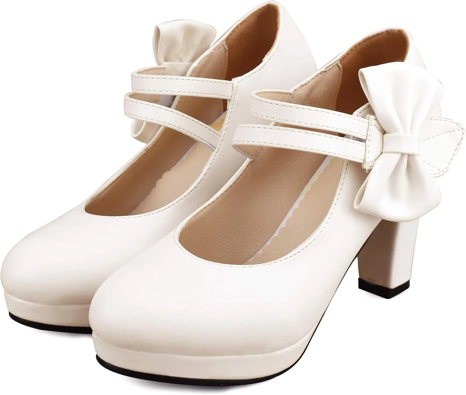 Chic Women Bow Block High Heel Mary Janes Ankle Strap Pumps Sweet Shoes Closed Toe Comfort Dress Party Pumps with Hook Loop
