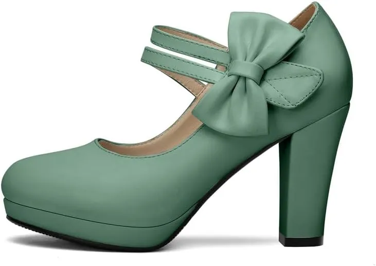 Chic Women Bow Block High Heel Mary Janes Ankle Strap Pumps Sweet Shoes Closed Toe Comfort Dress Party Pumps with Hook Loop