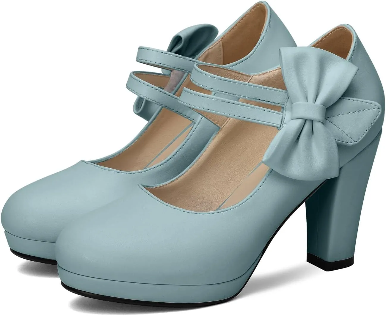 Chic Women Bow Block High Heel Mary Janes Ankle Strap Pumps Sweet Shoes Closed Toe Comfort Dress Party Pumps with Hook Loop