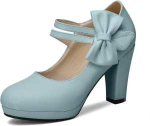 Chic Women Bow Block High Heel Mary Janes Ankle Strap Pumps Sweet Shoes Closed Toe Comfort Dress Party Pumps with Hook Loop