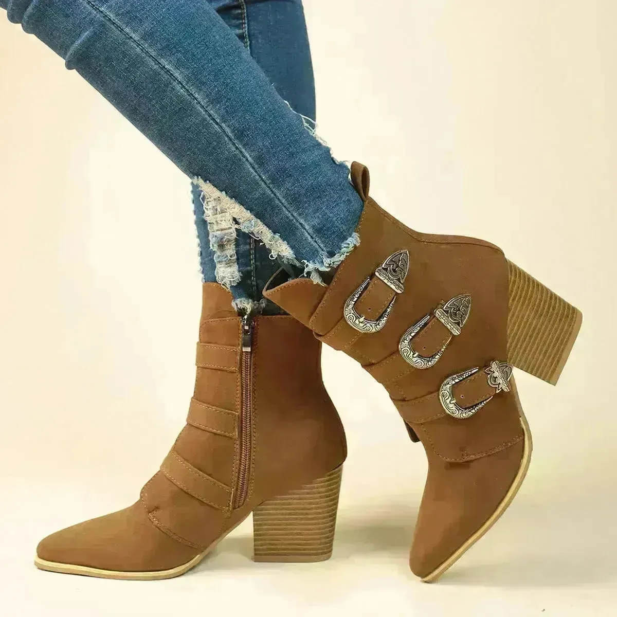Chunky Heel Pointed Toe Boots With Belt Buckle Design Retro Mid-calf Boot Fashion Fall Winter Shoes For Women