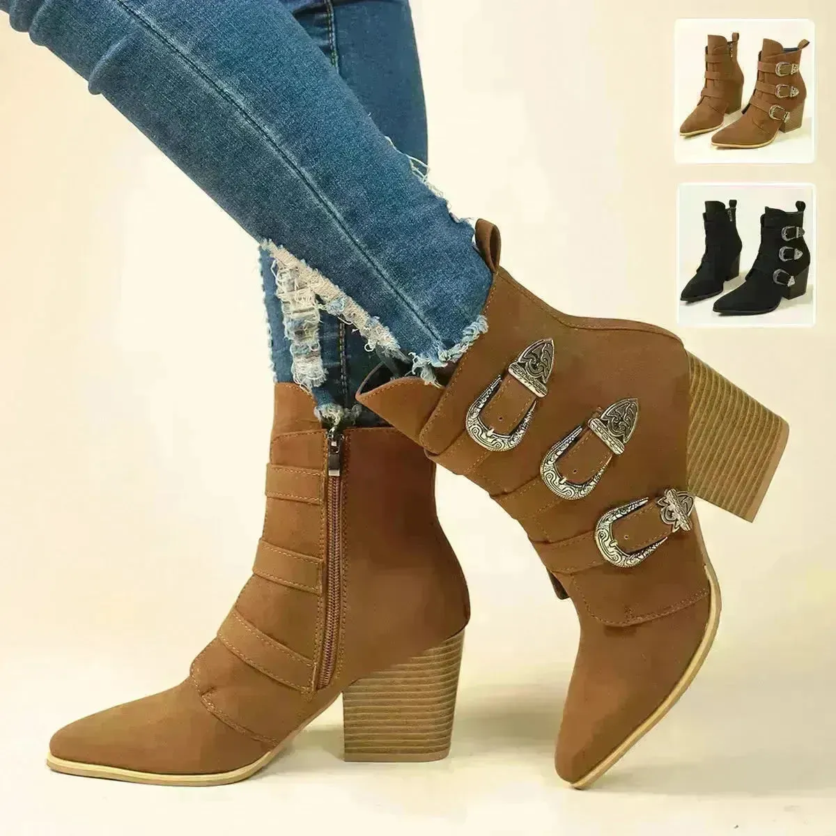 Chunky Heel Pointed Toe Boots With Belt Buckle Design Retro Mid-calf Boot Fashion Fall Winter Shoes For Women