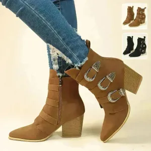 Chunky Heel Pointed Toe Boots With Belt Buckle Design Retro Mid-calf Boot Fashion Fall Winter Shoes For Women