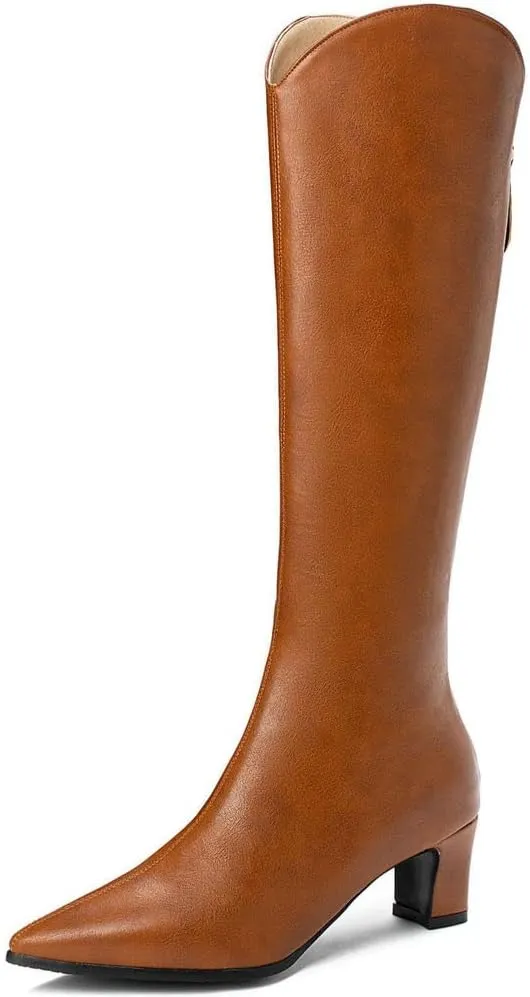 ClassicSter Womens Pointed Toe Knee High Cowgirl Boots Mid Chunky Heel Zipper Western Boots