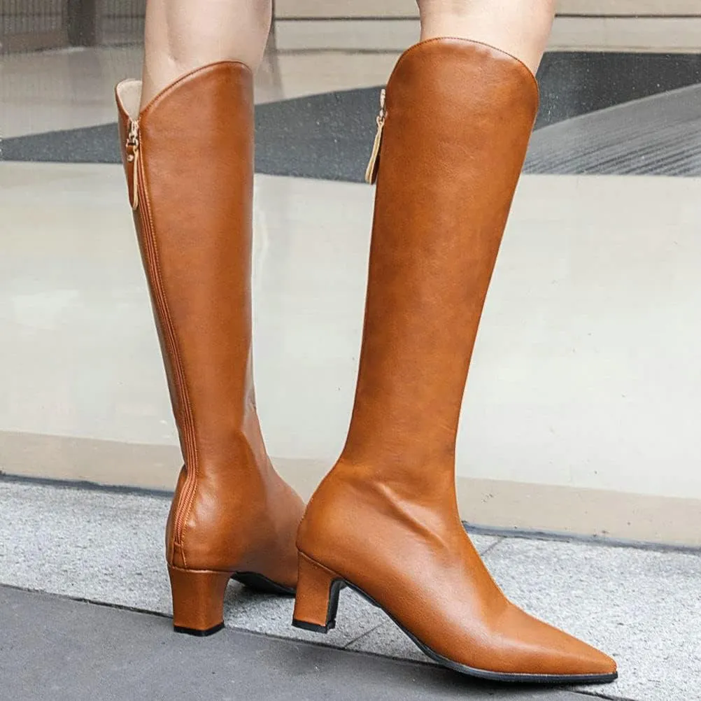 ClassicSter Womens Pointed Toe Knee High Cowgirl Boots Mid Chunky Heel Zipper Western Boots