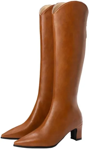 ClassicSter Womens Pointed Toe Knee High Cowgirl Boots Mid Chunky Heel Zipper Western Boots