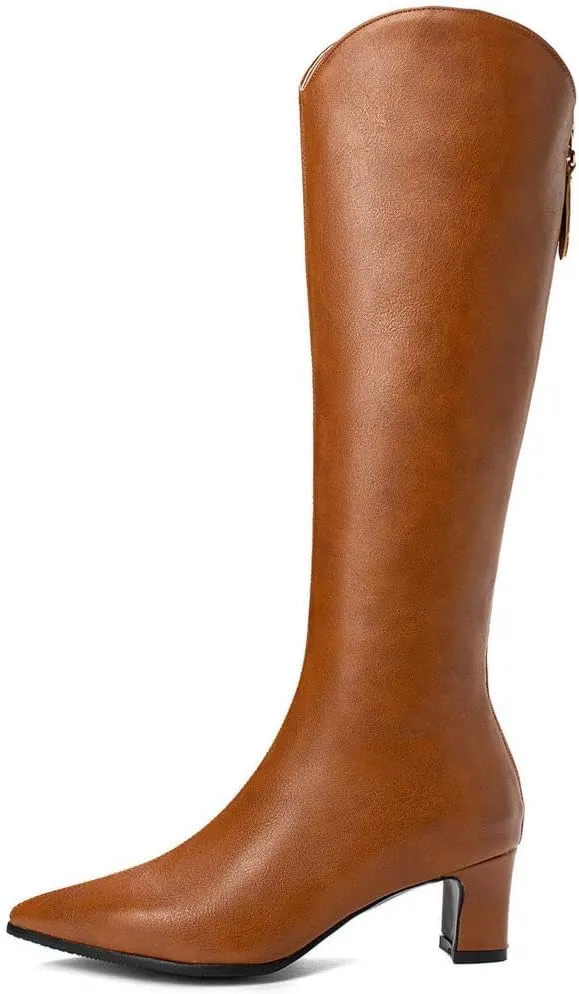 ClassicSter Womens Pointed Toe Knee High Cowgirl Boots Mid Chunky Heel Zipper Western Boots