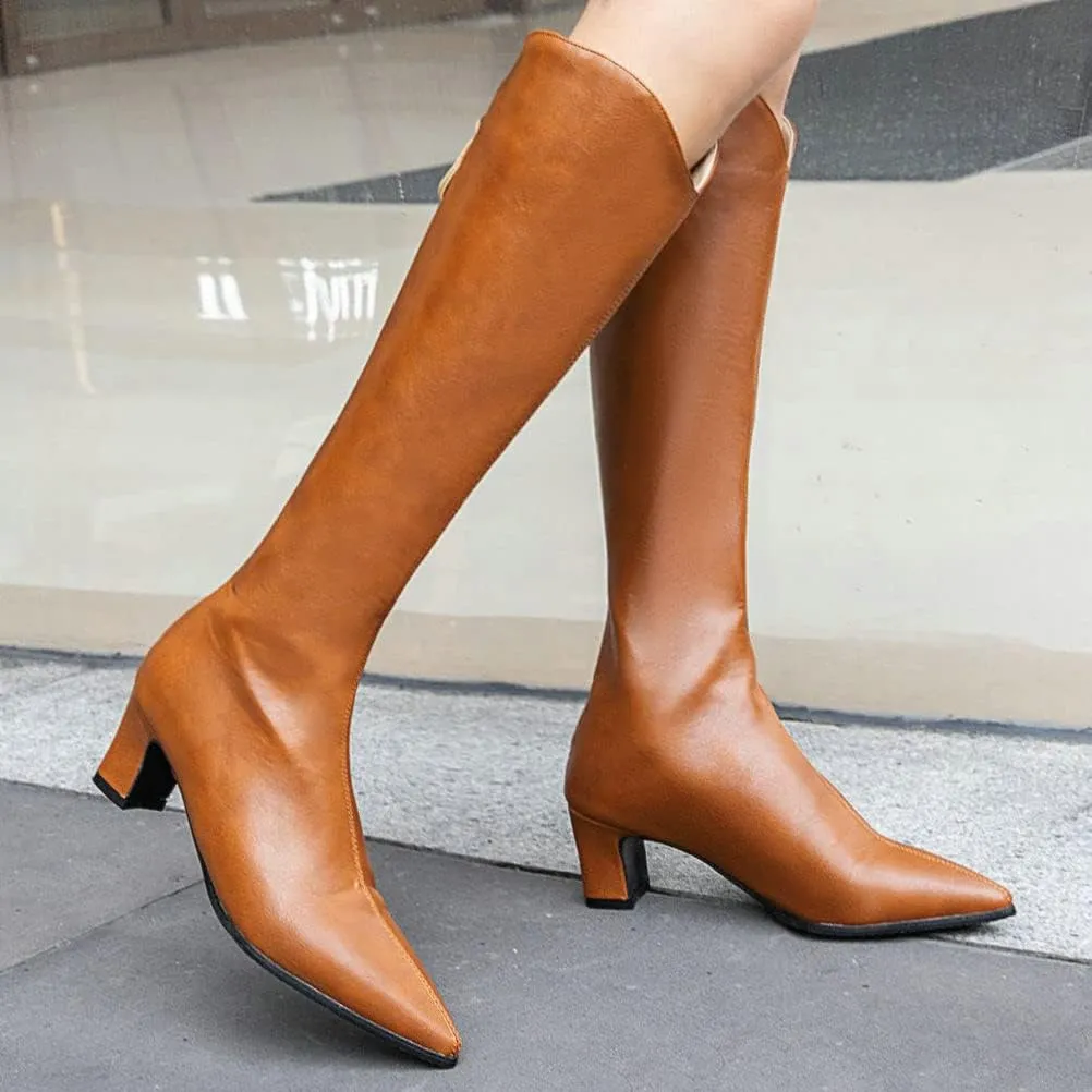 ClassicSter Womens Pointed Toe Knee High Cowgirl Boots Mid Chunky Heel Zipper Western Boots