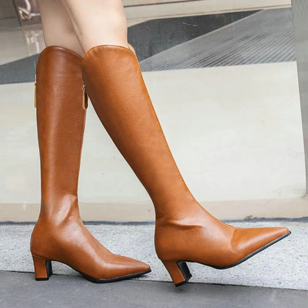 ClassicSter Womens Pointed Toe Knee High Cowgirl Boots Mid Chunky Heel Zipper Western Boots